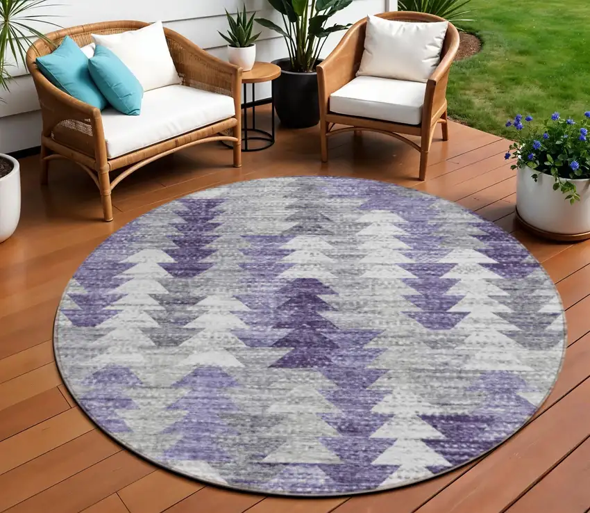 8' Purple Lavender And Gray Round Geometric Washable Indoor Outdoor Area Rug Photo 1