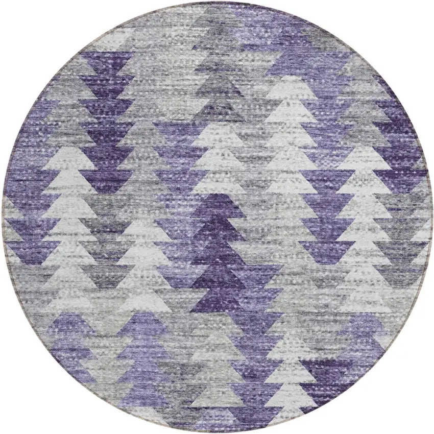 8' Purple Lavender And Gray Round Geometric Washable Indoor Outdoor Area Rug Photo 1