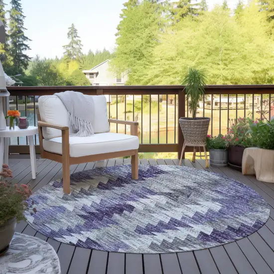 8' Purple Lavender And Gray Round Geometric Washable Indoor Outdoor Area Rug Photo 6