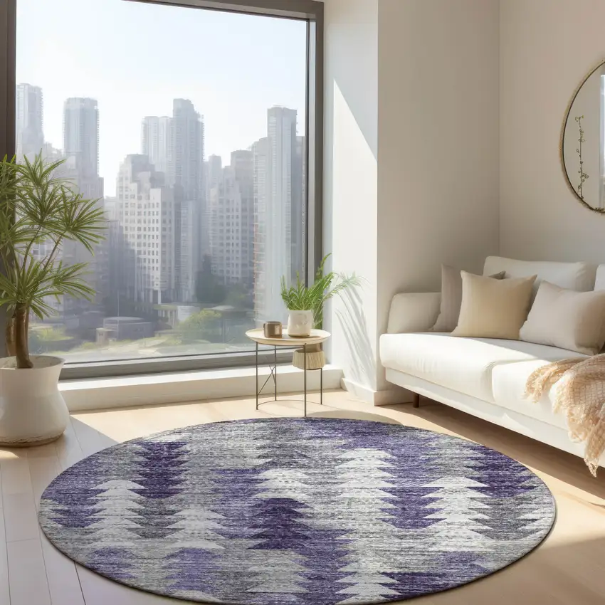 8' Purple Lavender And Gray Round Geometric Washable Indoor Outdoor Area Rug Photo 7
