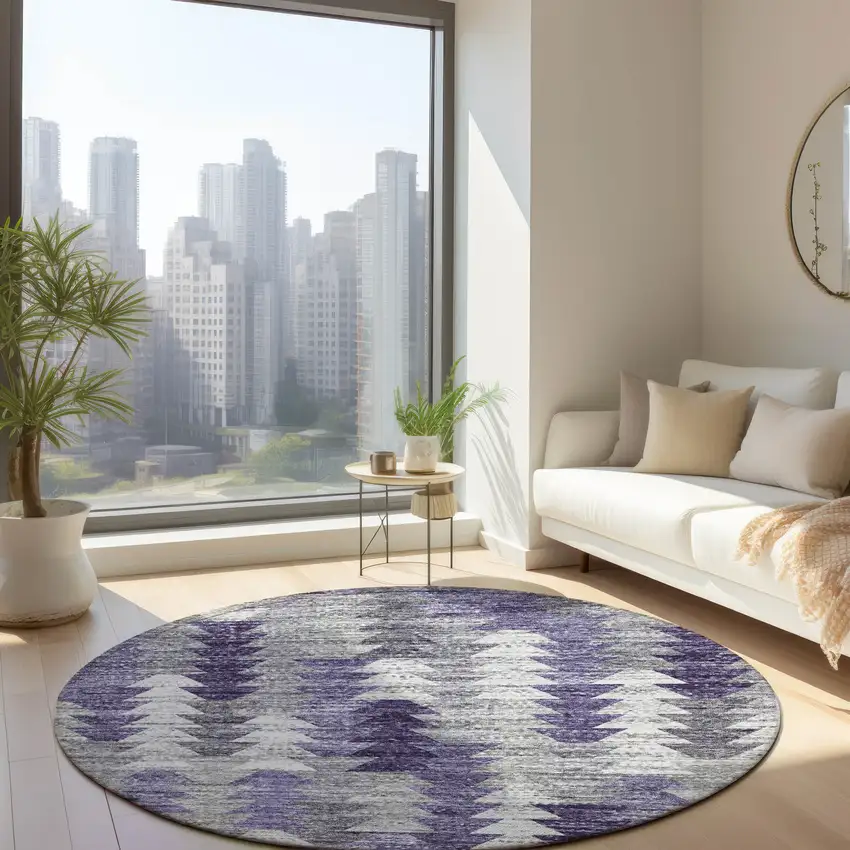 8' Purple Lavender And Gray Round Geometric Washable Indoor Outdoor Area Rug Photo 7