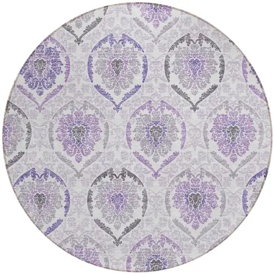 8' Purple Lavender And Gray Round Medallion Washable Indoor Outdoor Area Rug Photo 5