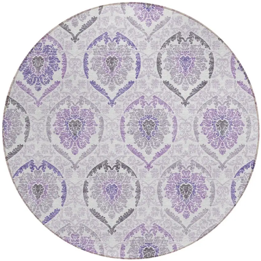 8' Purple Lavender And Gray Round Medallion Washable Indoor Outdoor Area Rug Photo 5
