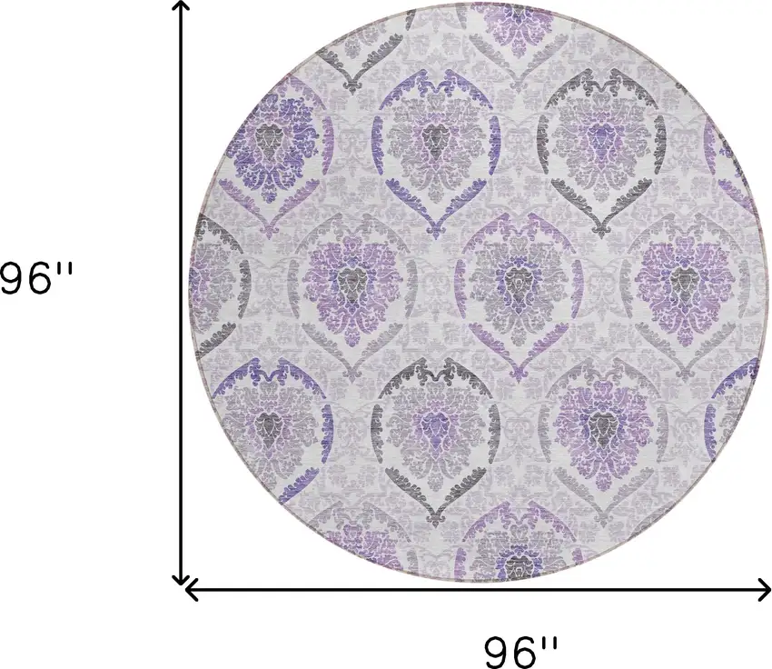 8' Purple Lavender And Gray Round Medallion Washable Indoor Outdoor Area Rug Photo 3