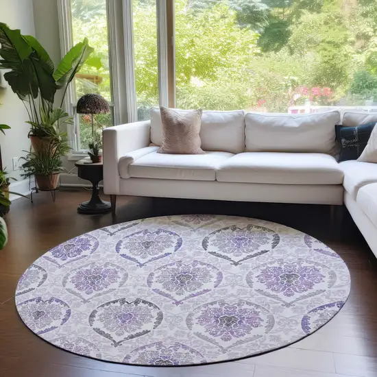 8' Purple Lavender And Gray Round Medallion Washable Indoor Outdoor Area Rug Photo 7