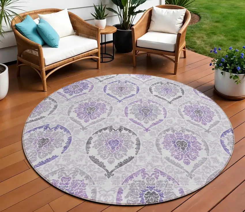8' Purple Lavender And Gray Round Medallion Washable Indoor Outdoor Area Rug Photo 1