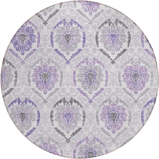 8' Purple Lavender And Gray Round Medallion Washable Indoor Outdoor Area Rug Photo 2