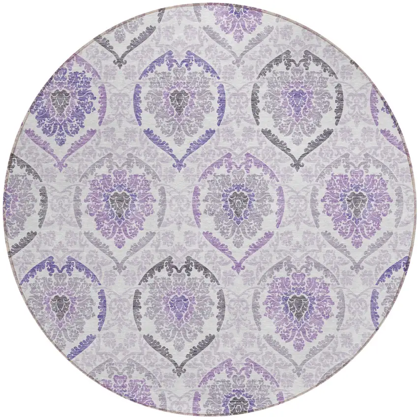 8' Purple Lavender And Gray Round Medallion Washable Indoor Outdoor Area Rug Photo 2