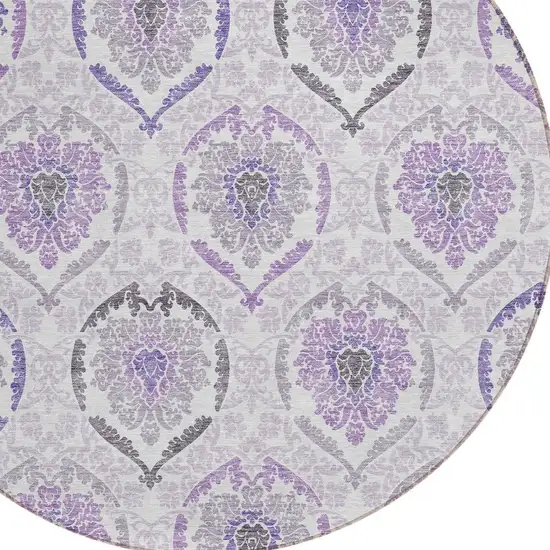 8' Purple Lavender And Gray Round Medallion Washable Indoor Outdoor Area Rug Photo 4