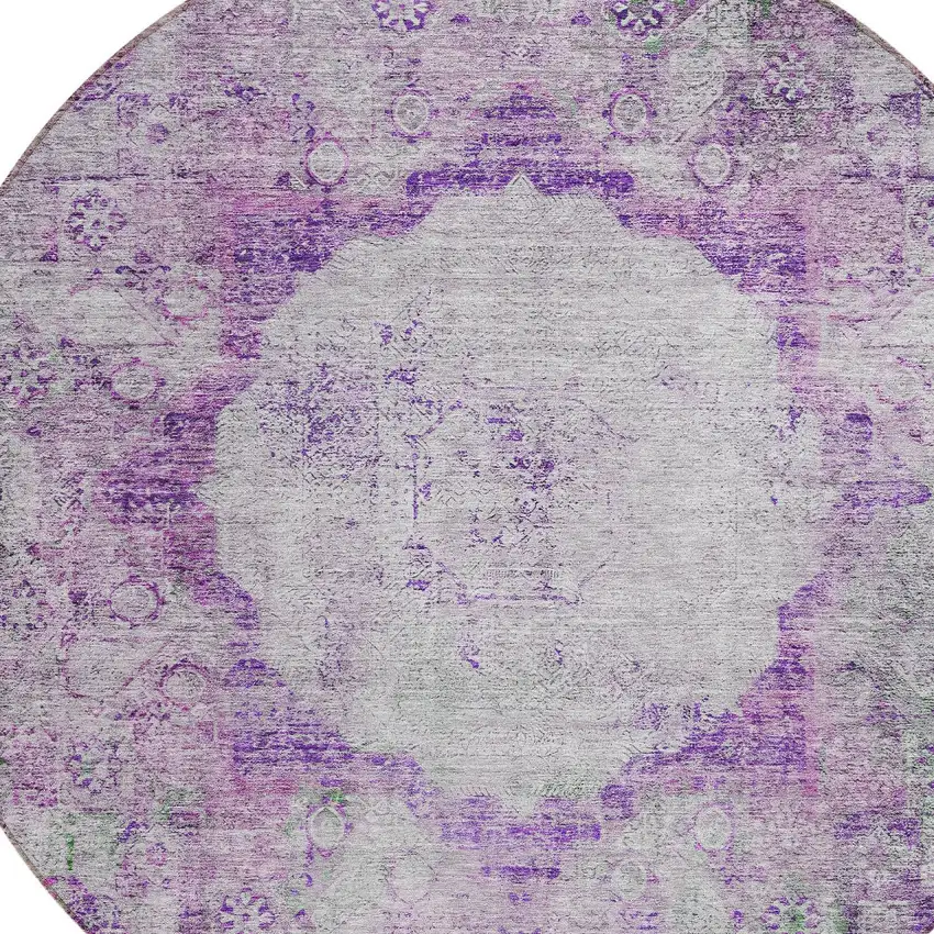 8' Purple Lavender And Gray Round Oriental Washable Indoor Outdoor Area Rug Photo 4