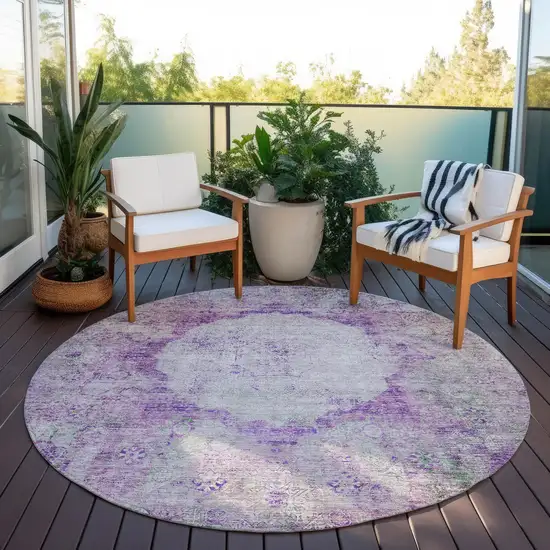 8' Purple Lavender And Gray Round Oriental Washable Indoor Outdoor Area Rug Photo 6