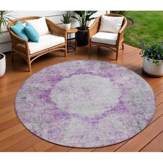 8' Purple Lavender And Gray Round Oriental Washable Indoor Outdoor Area Rug Photo 1