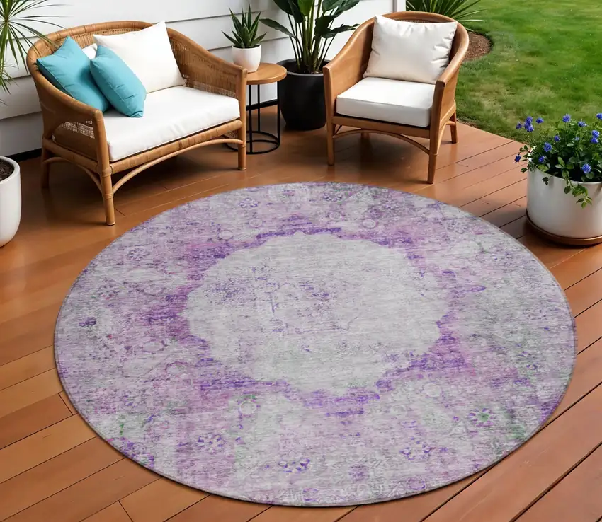 8' Purple Lavender And Gray Round Oriental Washable Indoor Outdoor Area Rug Photo 1