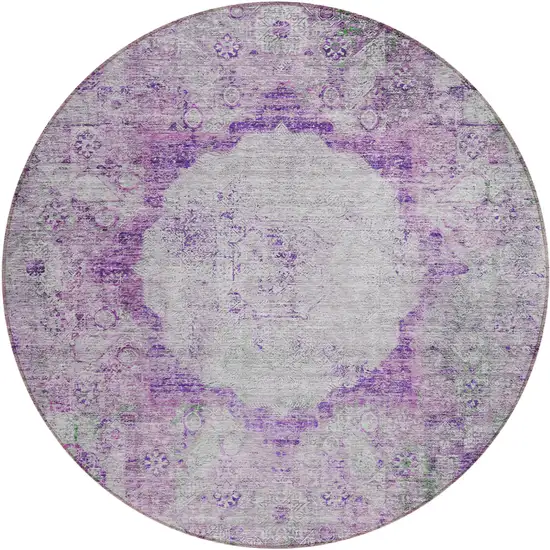 8' Purple Lavender And Gray Round Oriental Washable Indoor Outdoor Area Rug Photo 2