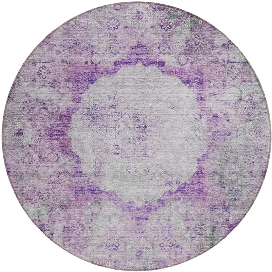 8' Purple Lavender And Gray Round Oriental Washable Indoor Outdoor Area Rug Photo 2