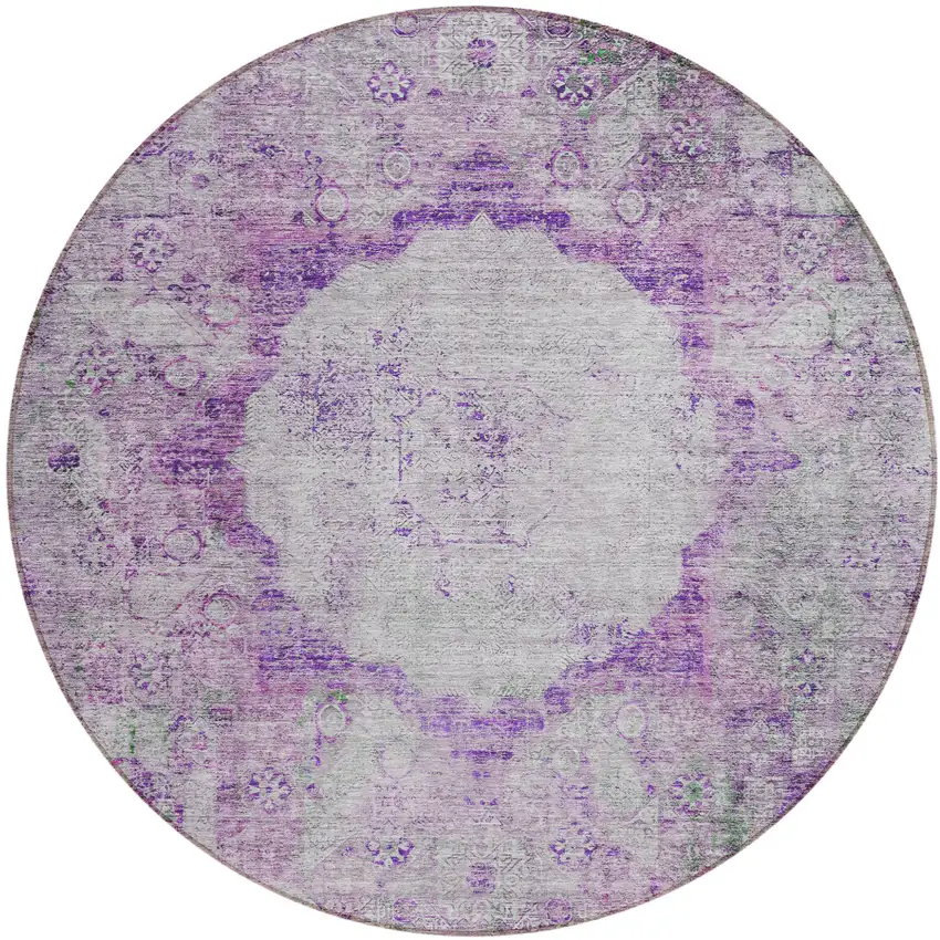 8' Purple Lavender And Gray Round Oriental Washable Indoor Outdoor Area Rug Photo 2