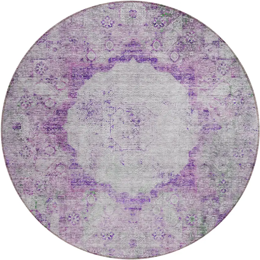 8' Purple Lavender And Gray Round Oriental Washable Indoor Outdoor Area Rug Photo 2