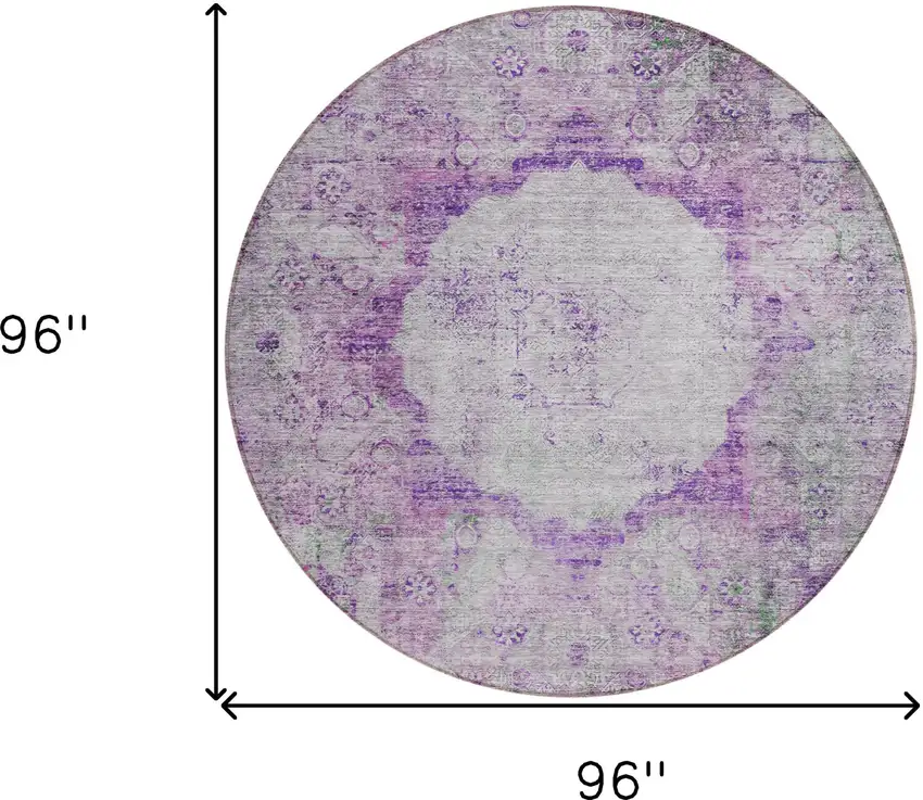 8' Purple Lavender And Gray Round Oriental Washable Indoor Outdoor Area Rug Photo 3