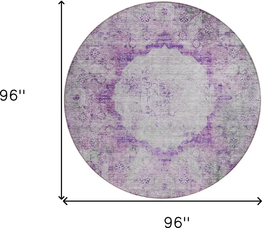 8' Purple Lavender And Gray Round Oriental Washable Indoor Outdoor Area Rug Photo 3