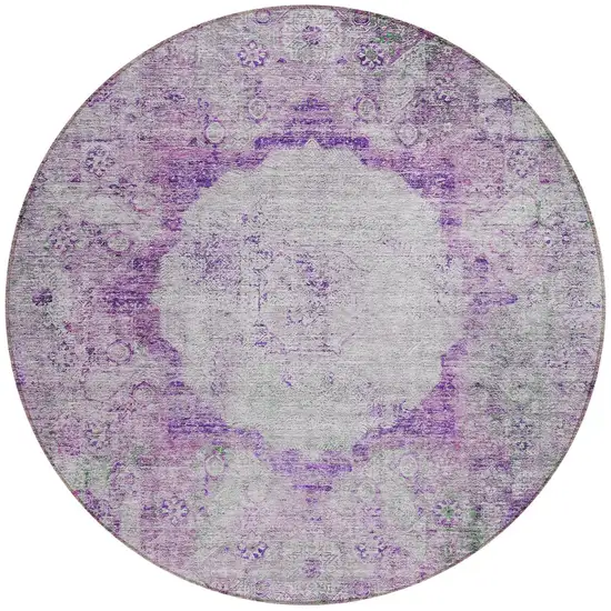 8' Purple Lavender And Gray Round Oriental Washable Indoor Outdoor Area Rug Photo 5
