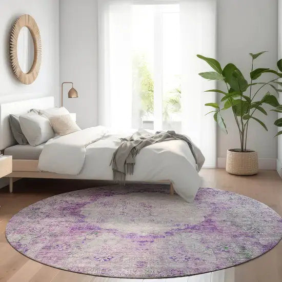 8' Purple Lavender And Gray Round Oriental Washable Indoor Outdoor Area Rug Photo 7
