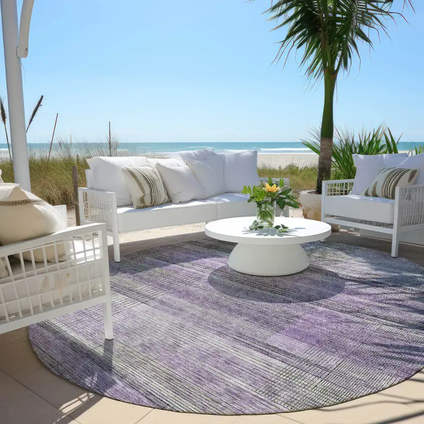 8' Purple Lavender And Gray Round Striped Washable Indoor Outdoor Area Rug Photo 4