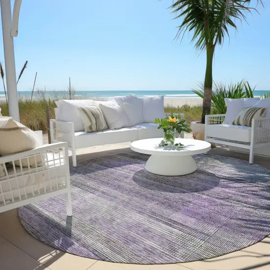 8' Purple Lavender And Gray Round Striped Washable Indoor Outdoor Area Rug Photo 4