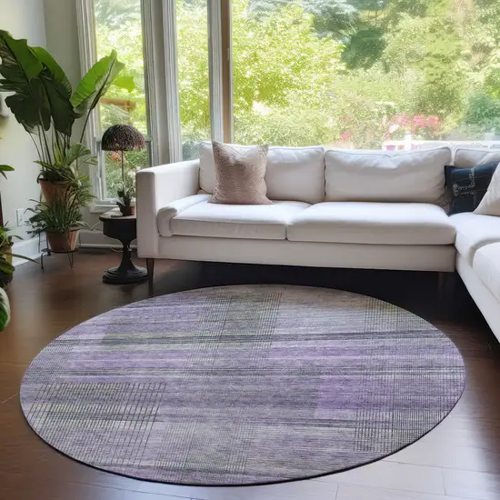 8' Purple Lavender And Gray Round Striped Washable Indoor Outdoor Area Rug Photo 5