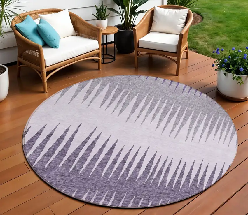 8' Purple Lavender And Gray Round Striped Washable Indoor Outdoor Area Rug Photo 1