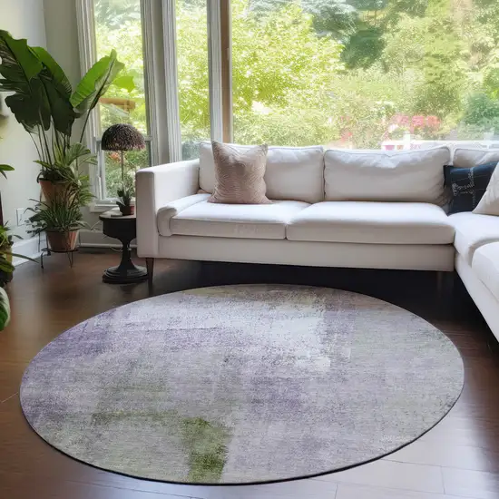 8' Purple Lavender And Green Round Abstract Washable Indoor Outdoor Area Rug Photo 7
