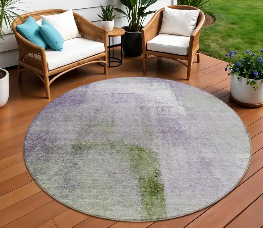 8' Purple Lavender And Green Round Abstract Washable Indoor Outdoor Area Rug Photo 1
