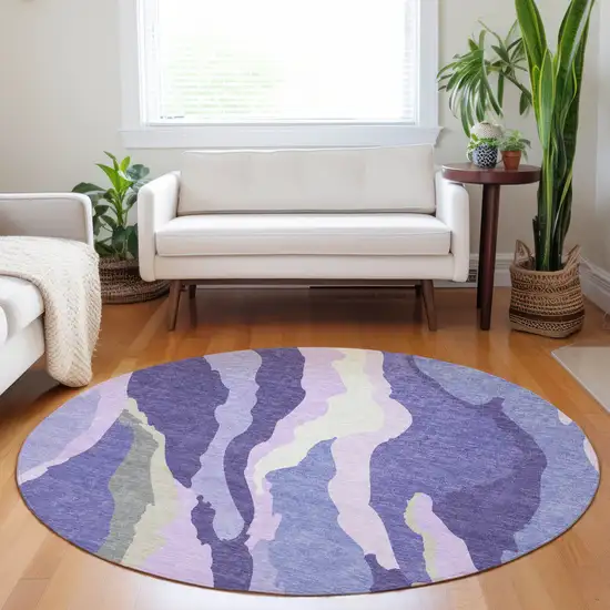 8' Purple Lavender And Ivory Round Abstract Washable Indoor Outdoor Area Rug Photo 9
