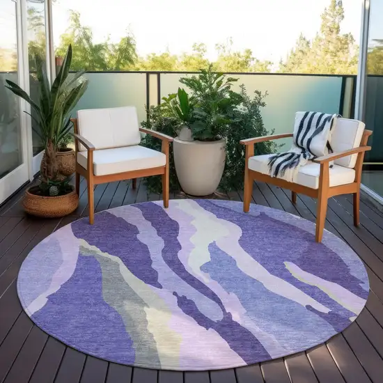 8' Purple Lavender And Ivory Round Abstract Washable Indoor Outdoor Area Rug Photo 8