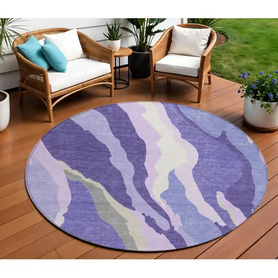 8' Purple Lavender And Ivory Round Abstract Washable Indoor Outdoor Area Rug Photo 1
