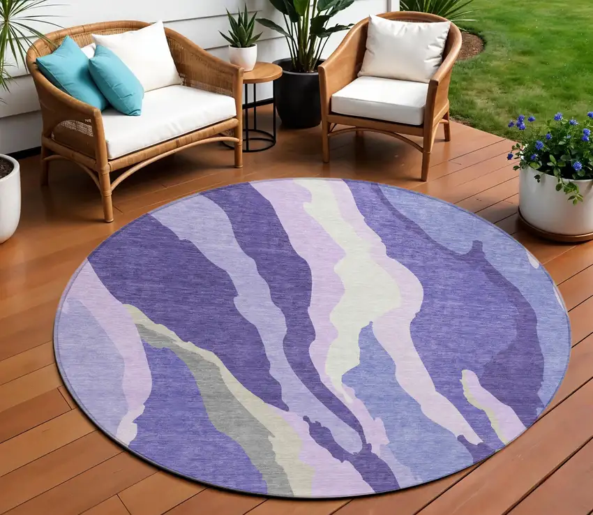 8' Purple Lavender And Ivory Round Abstract Washable Indoor Outdoor Area Rug Photo 1