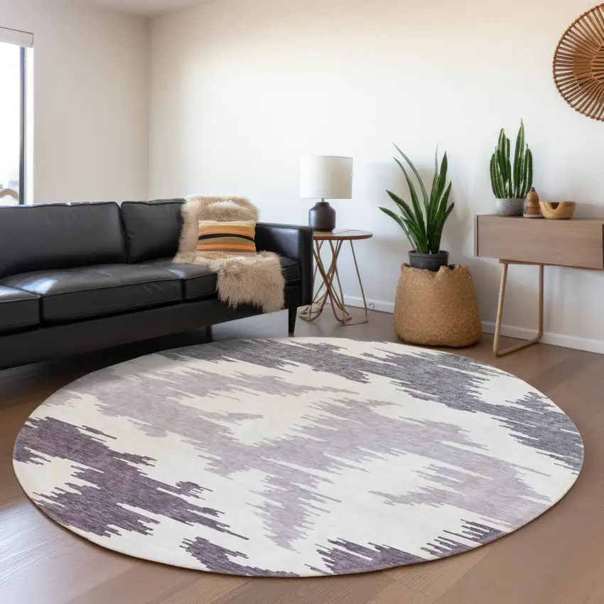 8' Purple Lavender And Ivory Round Abstract Washable Indoor Outdoor Area Rug Photo 7