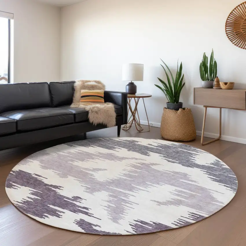 8' Purple Lavender And Ivory Round Abstract Washable Indoor Outdoor Area Rug Photo 7