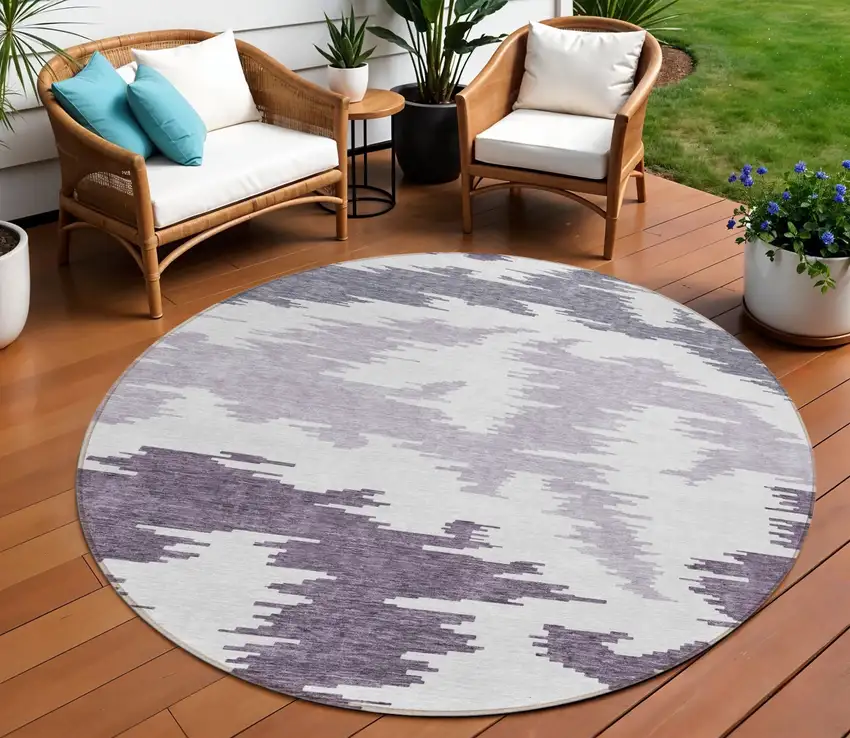 8' Purple Lavender And Ivory Round Abstract Washable Indoor Outdoor Area Rug Photo 1