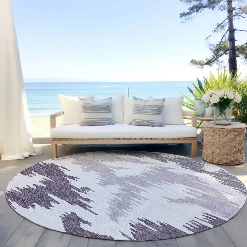 8' Purple Lavender And Ivory Round Abstract Washable Indoor Outdoor Area Rug Photo 6
