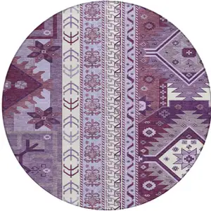 Photo of 8' Purple Lavender And Ivory Round Aztec Washable Indoor Outdoor Area Rug