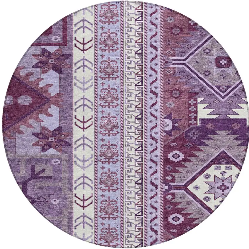 8' Purple Lavender And Ivory Round Aztec Washable Indoor Outdoor Area Rug Photo 6