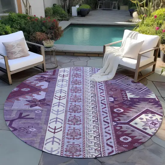 8' Purple Lavender And Ivory Round Aztec Washable Indoor Outdoor Area Rug Photo 7