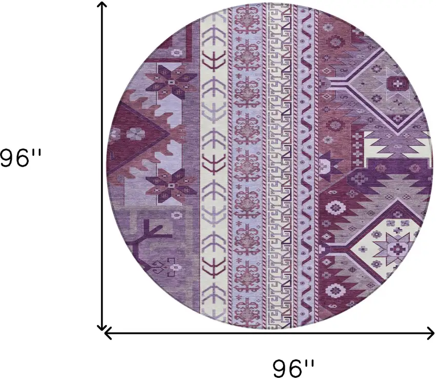 8' Purple Lavender And Ivory Round Aztec Washable Indoor Outdoor Area Rug Photo 3