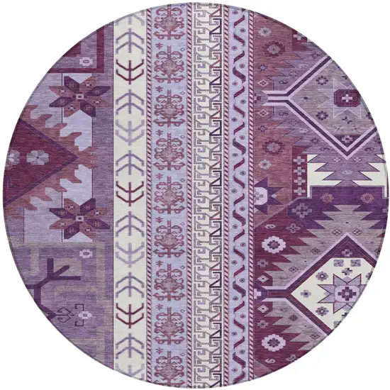 8' Purple Lavender And Ivory Round Aztec Washable Indoor Outdoor Area Rug Photo 2