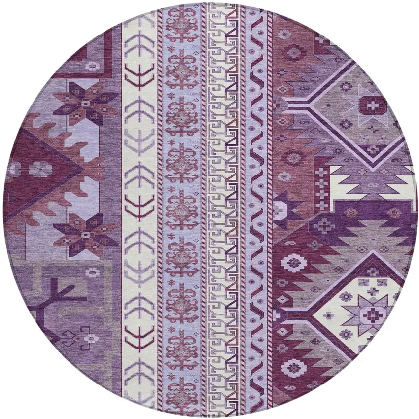 8' Purple Lavender And Ivory Round Aztec Washable Indoor Outdoor Area Rug Photo 2