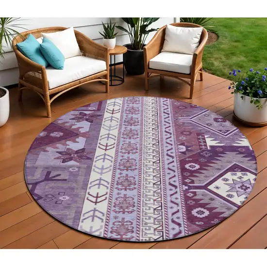 8' Purple Lavender And Ivory Round Aztec Washable Indoor Outdoor Area Rug Photo 1