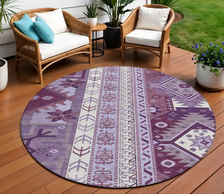 8' Purple Lavender And Ivory Round Aztec Washable Indoor Outdoor Area Rug Photo 1