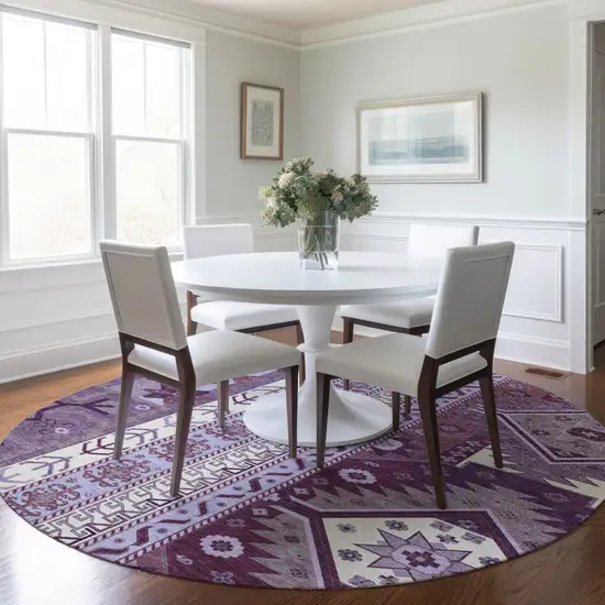 8' Purple Lavender And Ivory Round Aztec Washable Indoor Outdoor Area Rug Photo 8