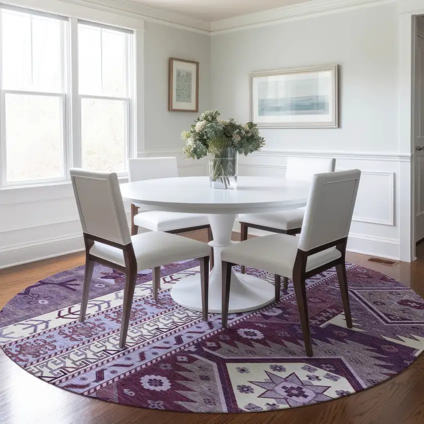 8' Purple Lavender And Ivory Round Aztec Washable Indoor Outdoor Area Rug Photo 8