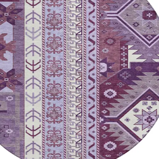 8' Purple Lavender And Ivory Round Aztec Washable Indoor Outdoor Area Rug Photo 4